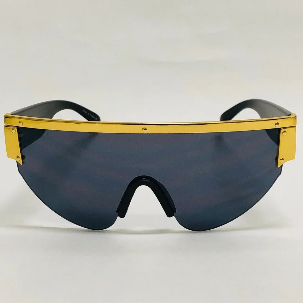Shield Sunglasses Gold Trim‎ Accents Fashion Statement Sun Glasses UV Protection